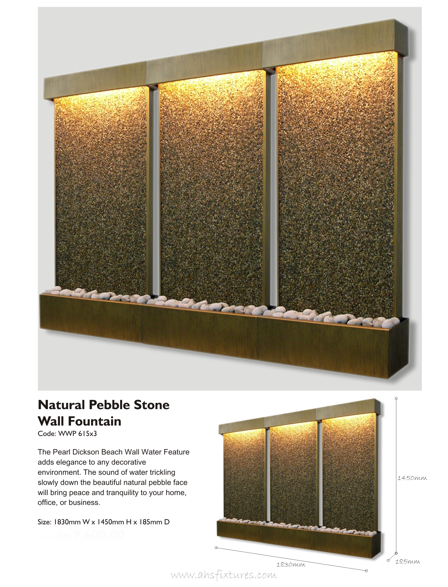 WWP-615x3 Panel Pebble Stone Wall Fountain Made In Malaysia AHS Fixtures